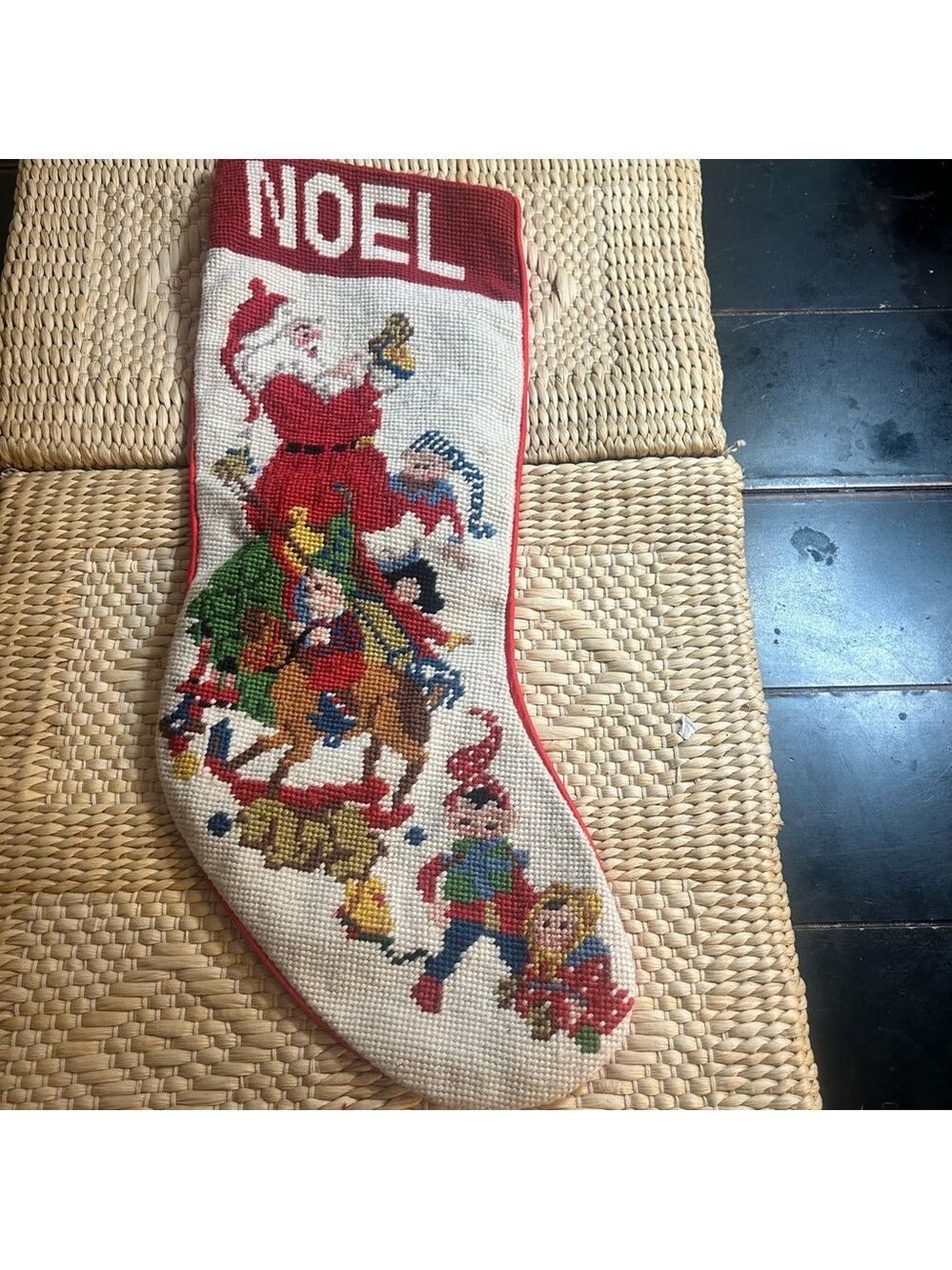 Vintage Festive Christmas Wool Embroidered Stocking with Santa Elves Design